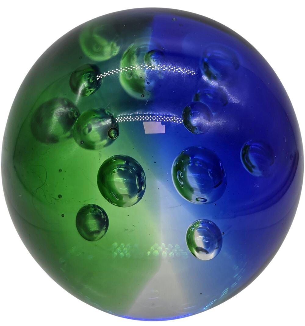 BLUE CLEAR GREEN ART GLASS PAPERWEIGHT 3" X 3"
